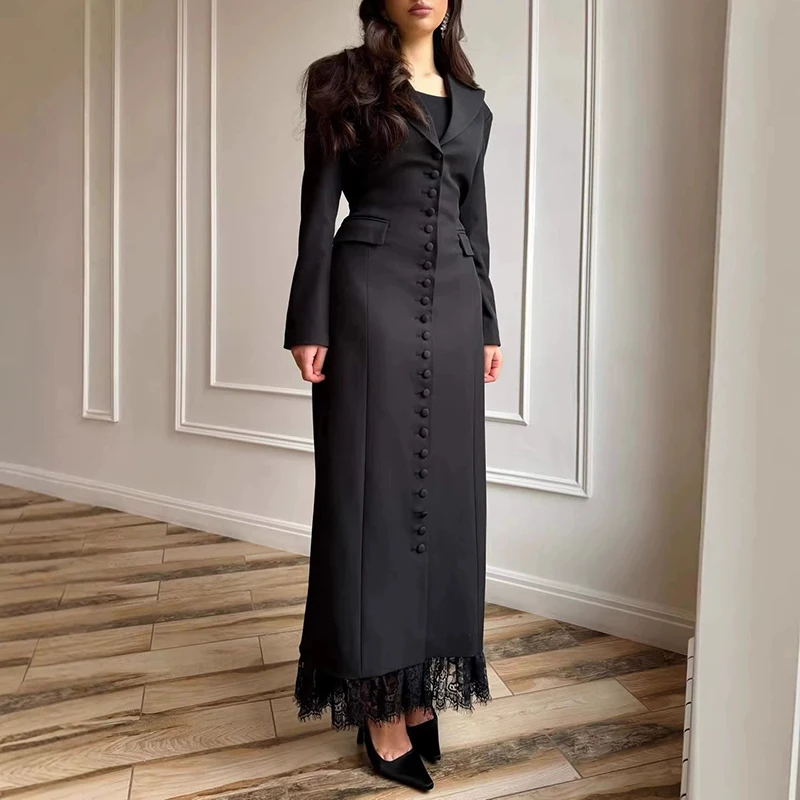 

Модное длинное платье с однобортным дизайном, весенне-осеннее, с длинными рукавами, женское вечернее платье с кружевными вставками, однотонное, А-силуэт