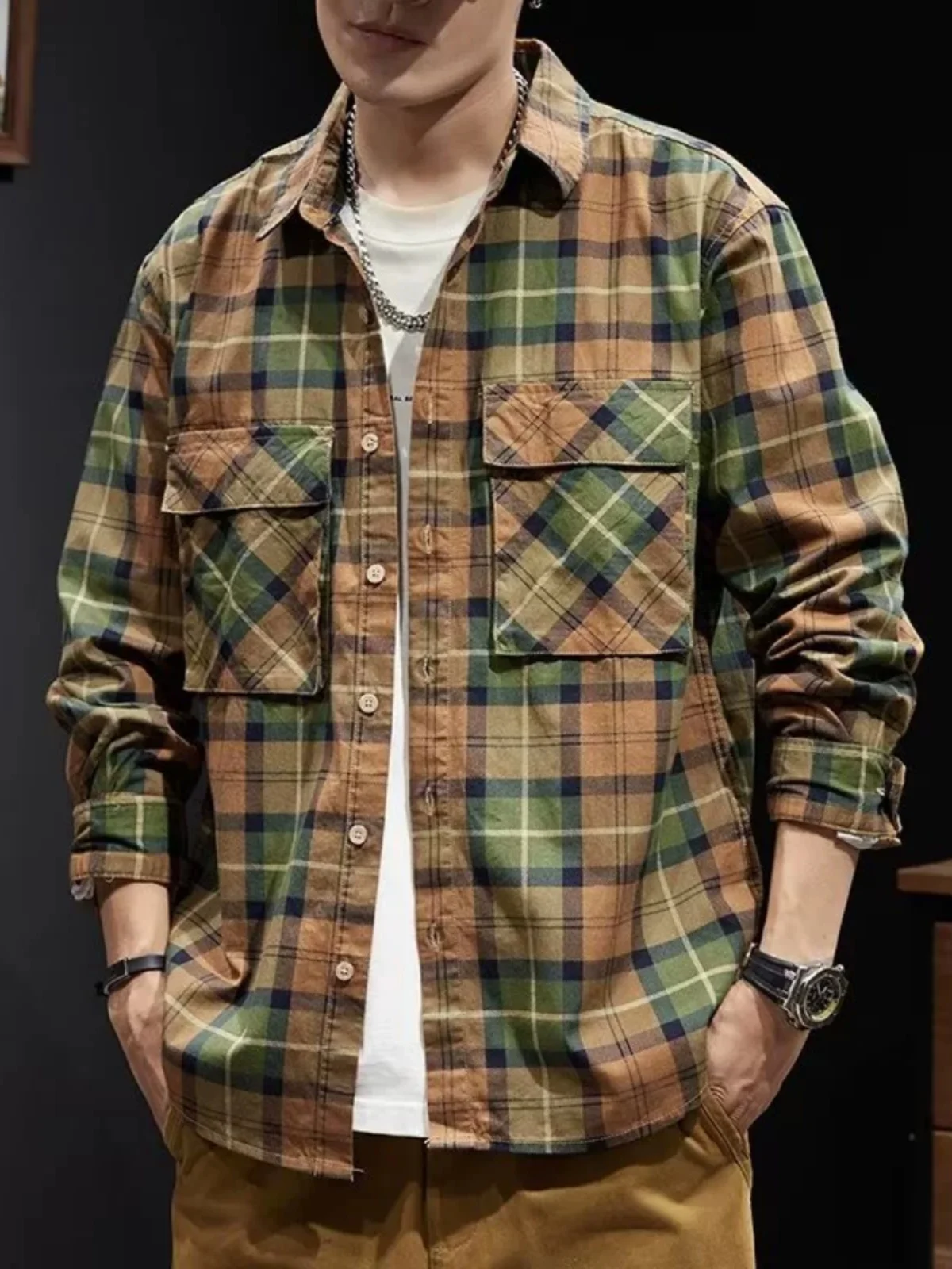 

Loose Men's Plaid irt Long Sve Casual Outerwear Autumn Stand Fit Youth Faion Spring Autumn Collection 2023