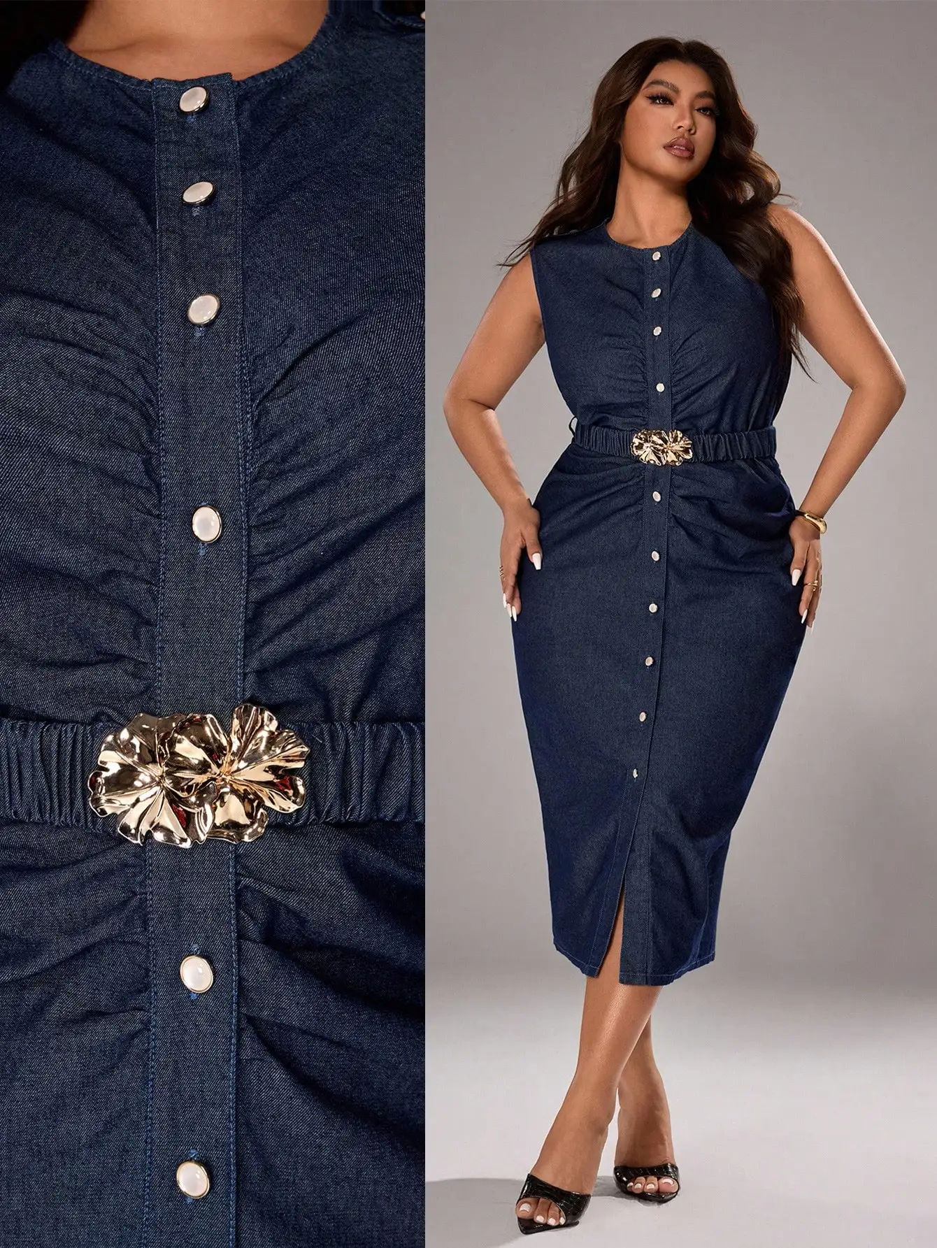 

Plus Size Ruched Sleeveless Denim Dress with Floral Belt and Front Buttons