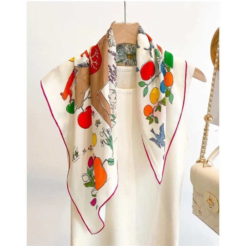 100% MULBERRY SILK Square Scarf 70cm Hand Drawn Cartoon Horse Fruit Tree Print Neck Wrap Headscarf Bag Decor Ladies Present