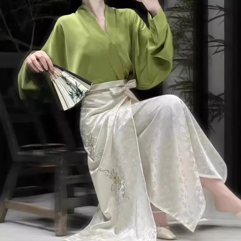 Vintage Song Dynasty Hanfu Set Long Sleeved Airplane Shirt Jacquard Skirt Suit Female Elegant New Chinese Style 2PCS Cheongsam