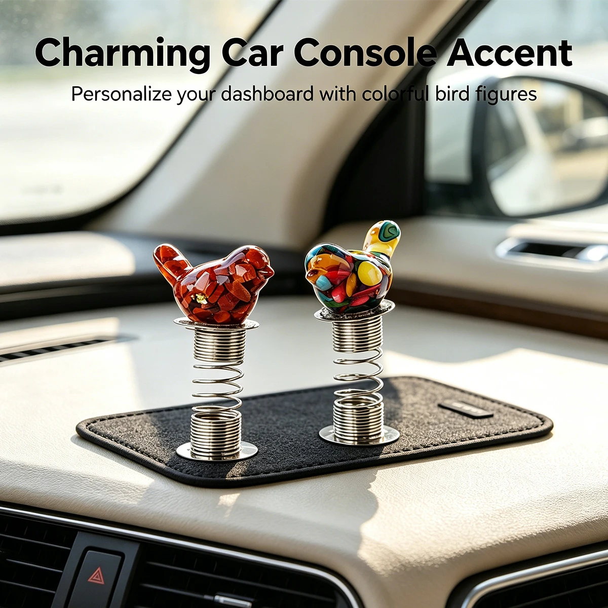 5pcs Natural Crystal Bird Skull Spring Ornament, Filled with Crushed Resin Stones, Animal Statue for Car Center Console