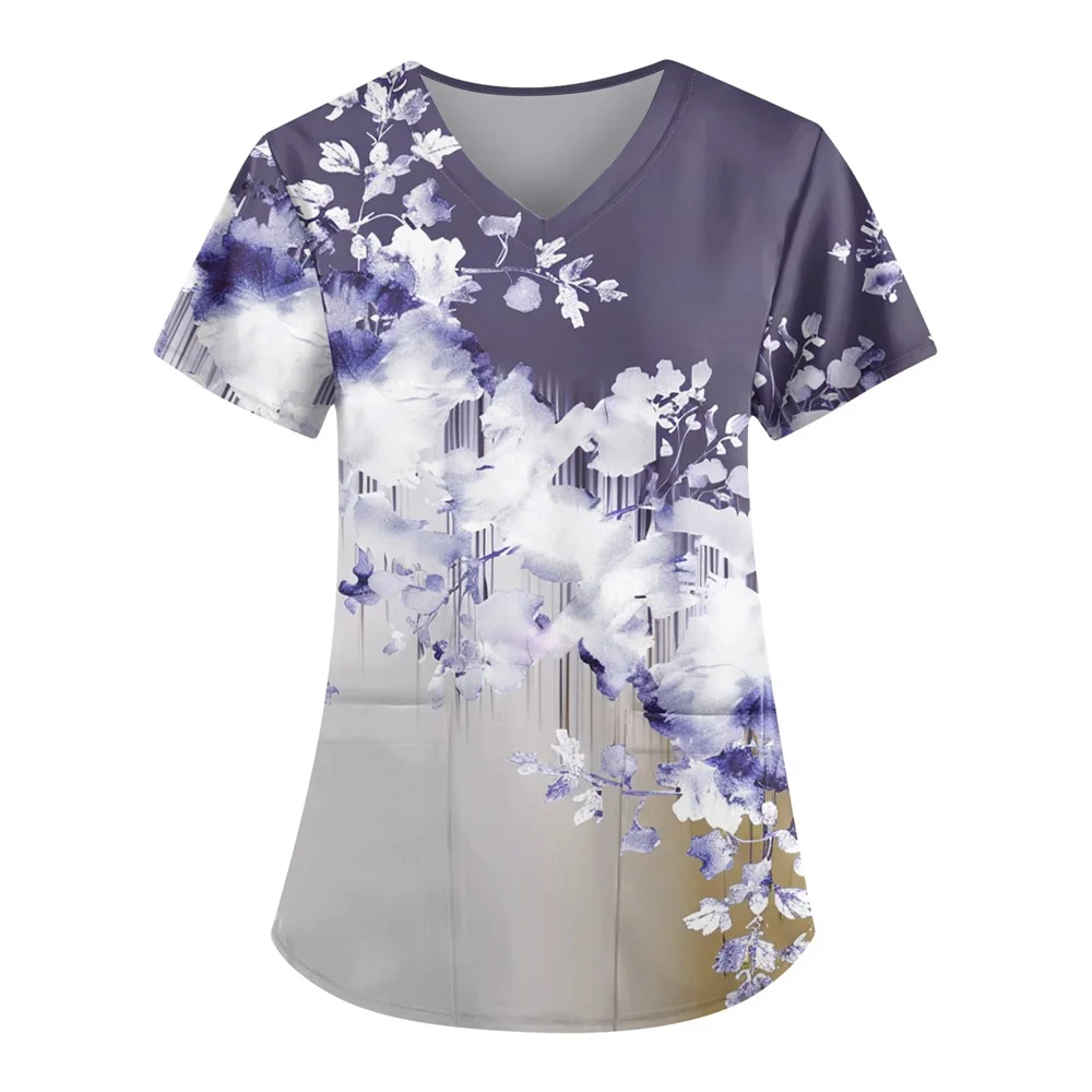 Womens Floral Print Uniforms V Neck Summer Casual Scrubs Short Sleeve Medical Workwear Nursing Scrub Tops with Pockets 3XL ﻿