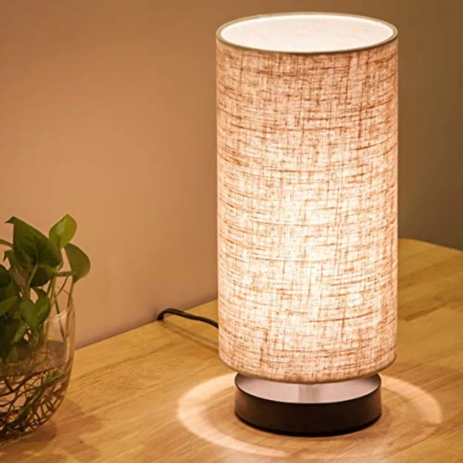 Table Lamp, Bedside Nightstand Lamp, Simple Desk Lamp, Fabric Wooden Table Lamp for Bedroom Living Room Office Study, Cylinder