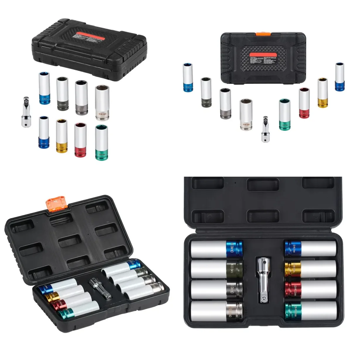 Lug Nut Impact Socket Set, 1/2 inch Drive Metric and SAE 6-Point Deep Socket Set, 8 Total Lug Nut Sizes, CR-MO Steel Wheel Socke
