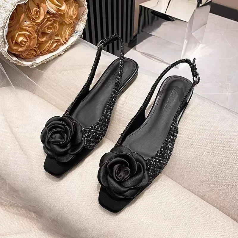 2024 Elegant Woman Summer Square Toe Flats Shoes Casual Floral Soft Breathable Flats Female French Style Color Blocking Sandal