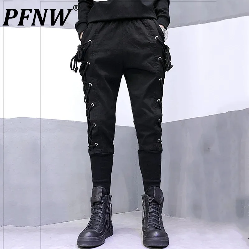 PFNW Dark Style Men's Bottom Drawstring Webbing Pockets Harem Pants Straight Binding Leg Male Trousers Personality Silm 12C536