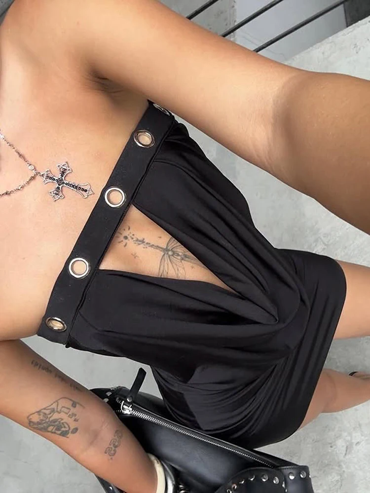 Dziwna Sukienka Metal Hollow Damska Sexy Y2K Marszczona Rozkloszowana Kołnierzyk Obcisła Północna Kokieteryjna Impreza Letni Trend Streetwear Bodycon