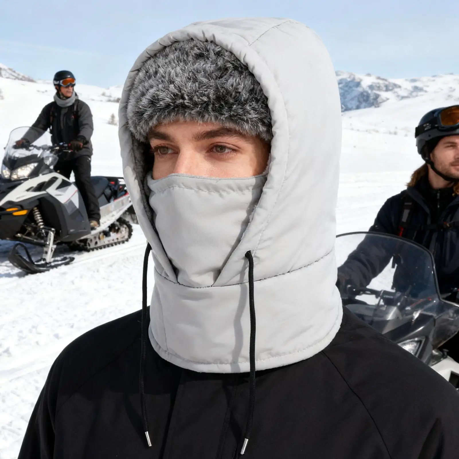Hood Face Cover Waterproof Fleece Hat With Drawstring Cold Weather Skiing Hat Hooded For Runners Cyclists Women Motorcycle view 5
