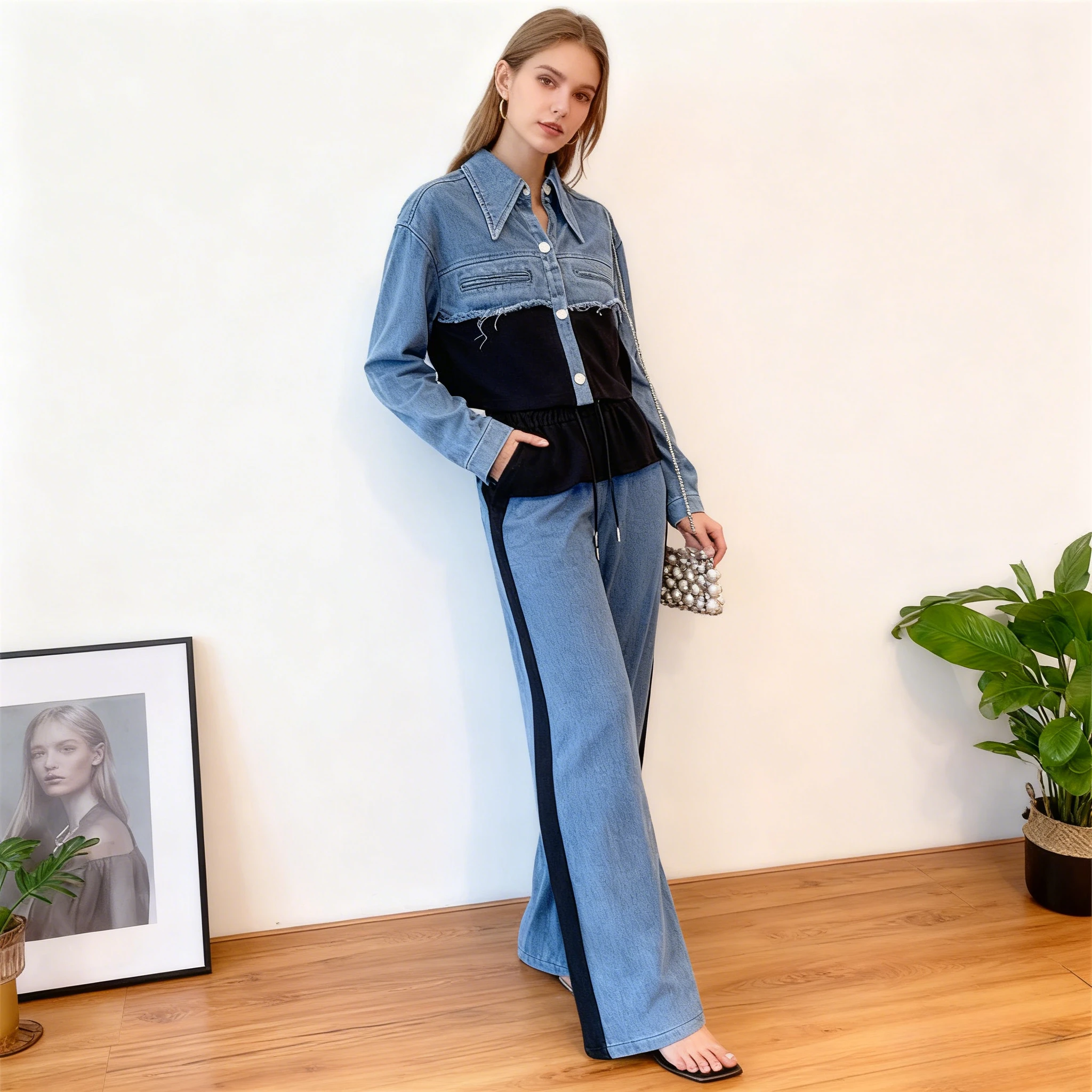 الدنيم قطعتين مجموعات النساء مجموعة بناطيل رجالي Y2k مطابقة مجموعات الربيع أعلى واسعة الساق السراويل الطويلة عارضة السائق الدانتيل يصل عالية الخصر عداء ببطء