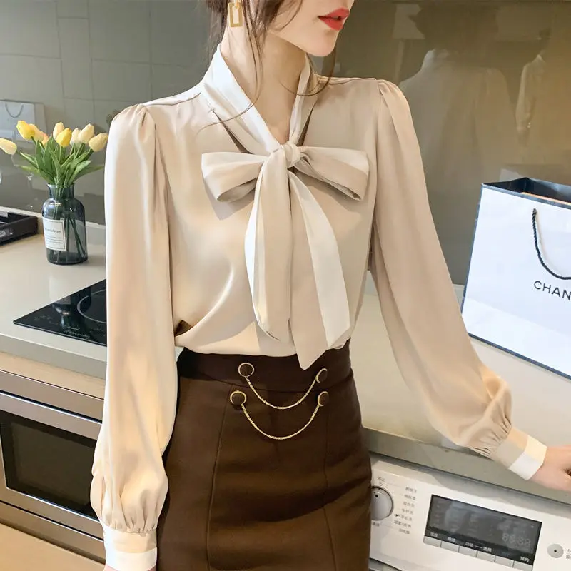 Bow Commuter Shirt Women\'s Clothing Pullovers Sweet Office Lady Straight 2024 Spring Autumn New V-Neck Long Sleeve Blouse Female
