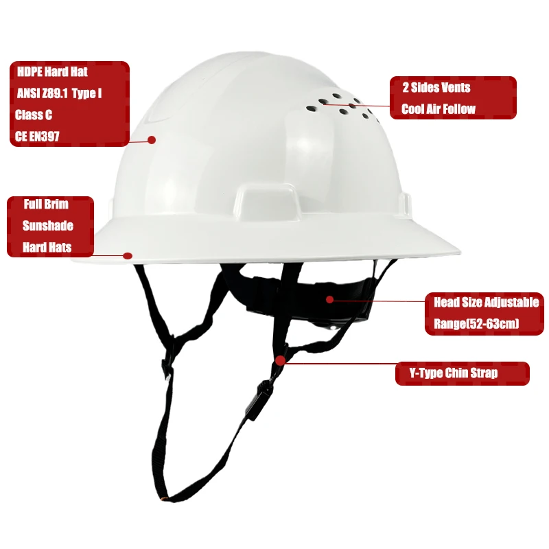 Chapéu de aba cheia para homens, capacete de segurança com 4 ventilados ajustáveis, ce aprovado, para trabalhos de construção, para homens