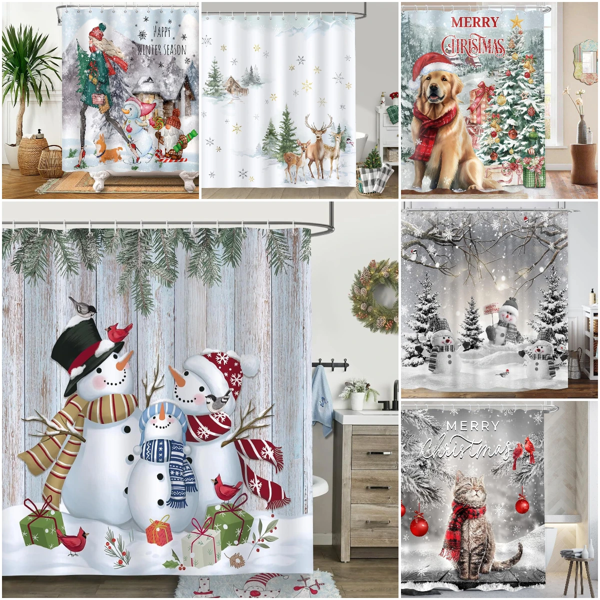 

Snowman Cartoon Christmas Winter Shower Curtain Merry Christmas Red Bird Snowy Pine Bathroom Decor Polyester Bathtub Curtain