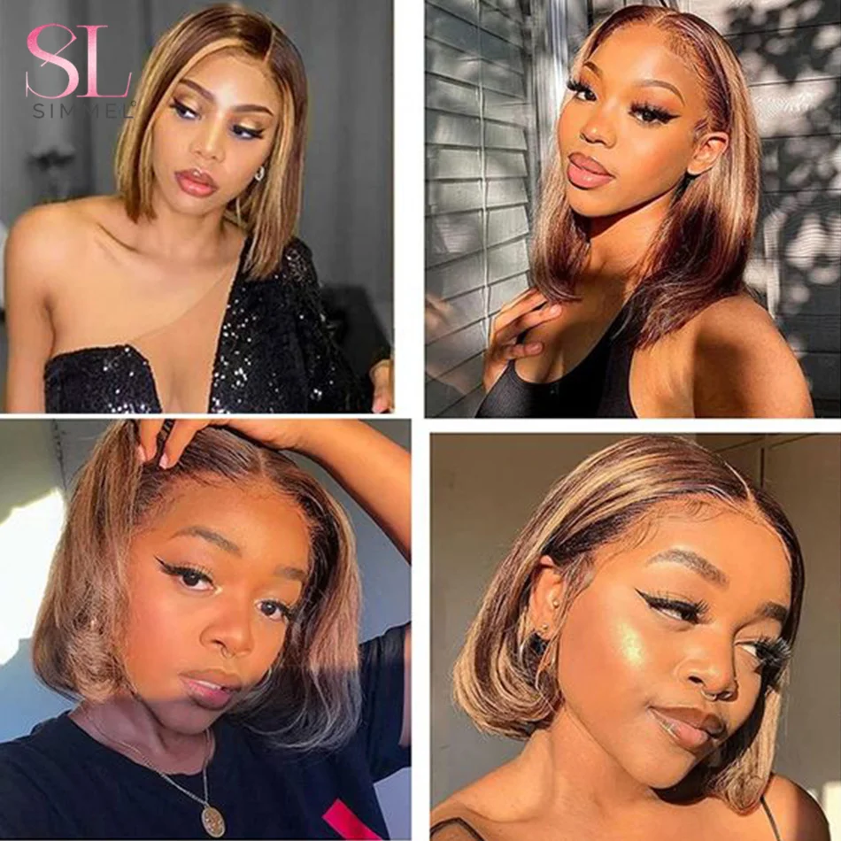 SIMMEL Ombre 4x4 Lace Closure Wig Highlight Colored Human Hair Wigs Highlight Brown Bob Wigs Straight Remy Hair 180 Density