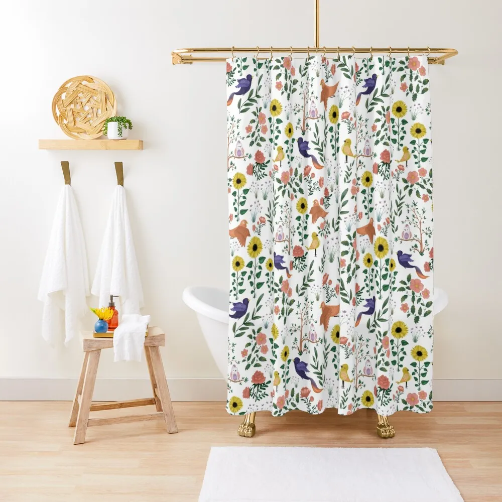 

Birds of Spring Whimsical Floral Pattern Shower Curtain Waterproof Shower And Anti-Mold Anime Bathroom Curtain