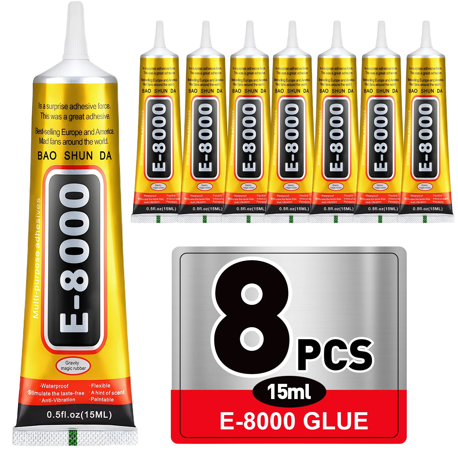 

8-Pack e8000 Adhesive: Waterproof, Clear E-8000 Resin Glue (15g/0.5 fl. oz.) – Suitable for Jewelry, Rhinestones, and Mobile Phones
