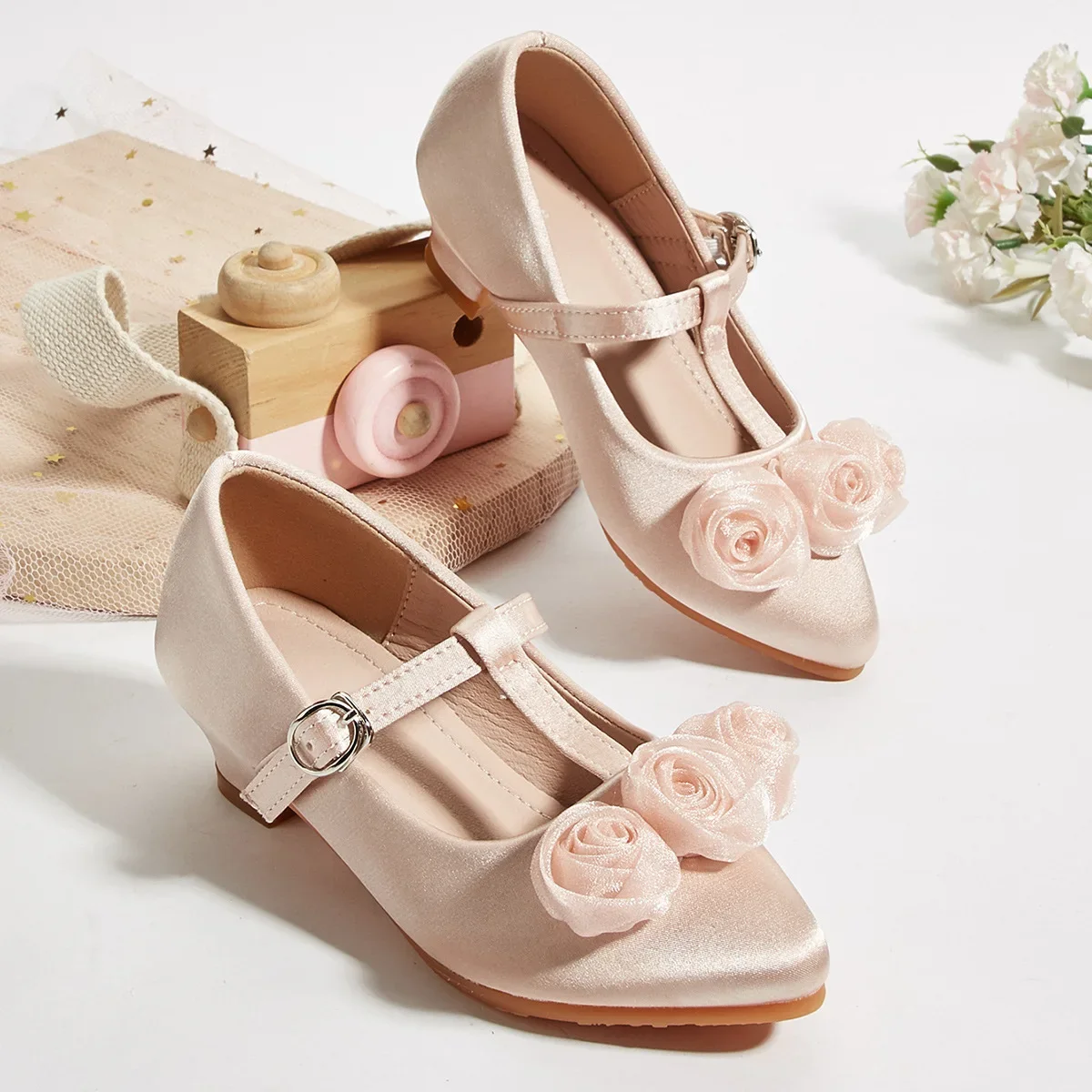Spring Girls Rose Flower Princess High Heels Pointed Toe Leather Shoes Soft Sole Anti-slip Comfortable Fashion Party Footwear