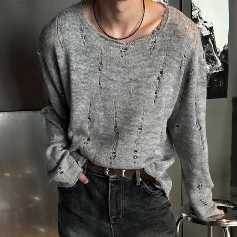 

Brushed Hole Knitted Long Sleeved T-shirt Men Spring Autumn Vintage Niche Wandering Pullover Top Light Thin Lazy Style Sweater