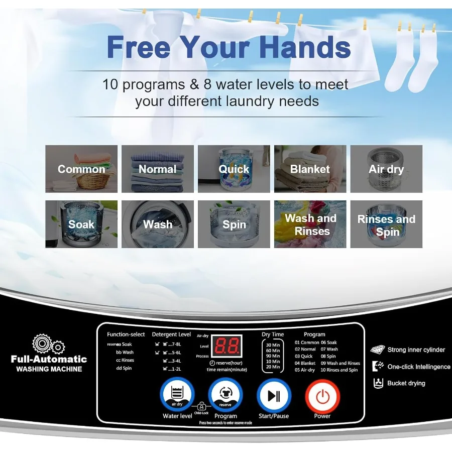 15.6 Lbs Portable Washing Machine 2.1 Cu.ft Compact Washer with Drain Pump Washing Machine with 10 Programs 8 Water Level for A