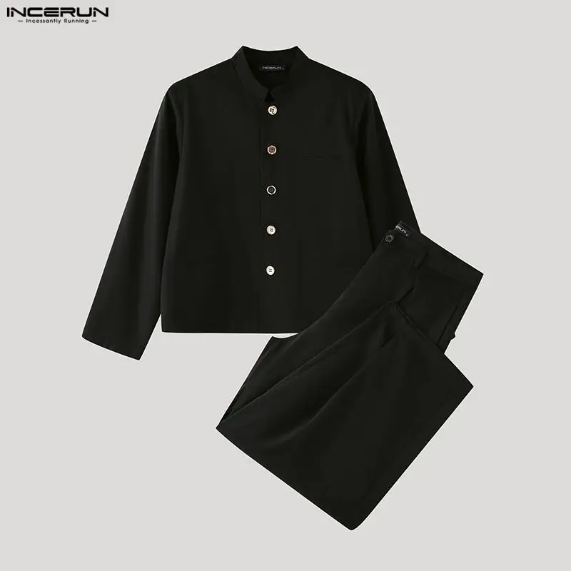 

INCERUN Мужские комплекты, однотонная рубашка с длинным рукавом и брюки, комплекты из двух предметов, уличная одежда, свободные 2021, модные мужские костюмы в корейском стиле
