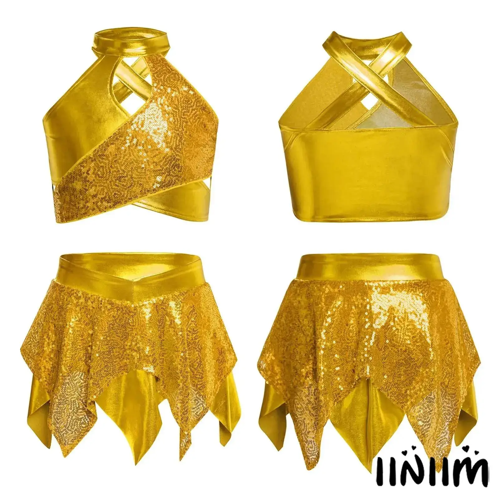 

Girls Sparkly Sequin Dance Outfit Keyhole Sleeveless Metallic Crop Top witn Asymmetric Skirt for Jazz Ballet Performance Paries