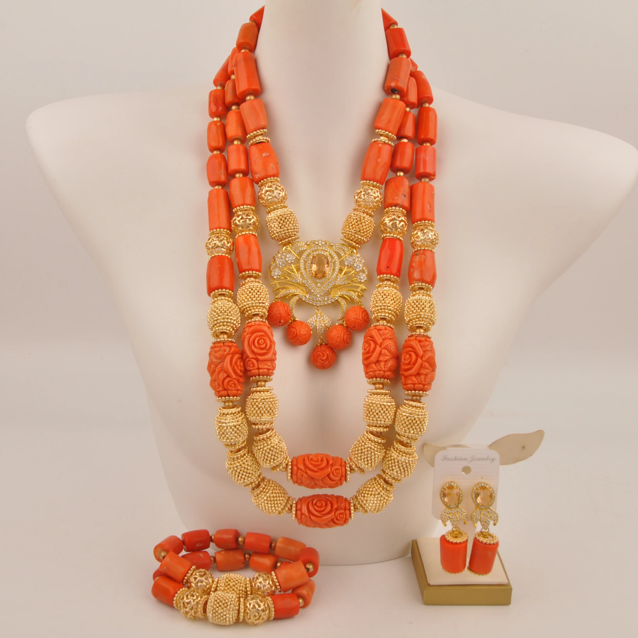 Beautiful Orange Coral Necklace African Bridal Jewelry Sets