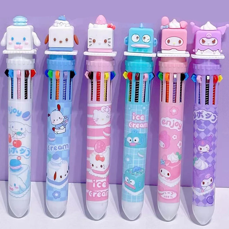 Cartoon Dessert Cake 10 Multicolored Pens Cute Cinnamoroll Pochacco Kuromi Hangyodon Mymelody Ballpoint Pen Stationery Kids Gift