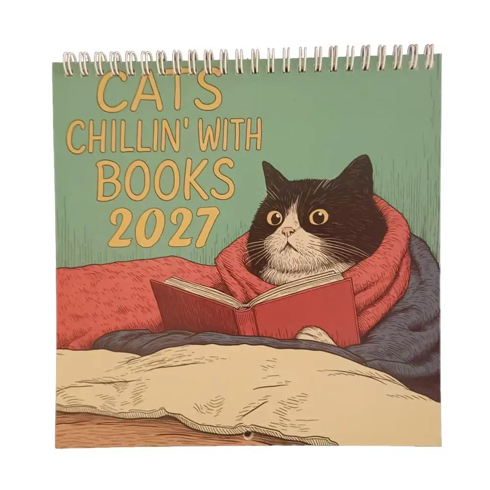 Newest 2027 Cat Wall Calendar Cats Chillin' With Books Coffee Creative Calendar Cat Lover Wall Calendar New Year Christmas Gifts