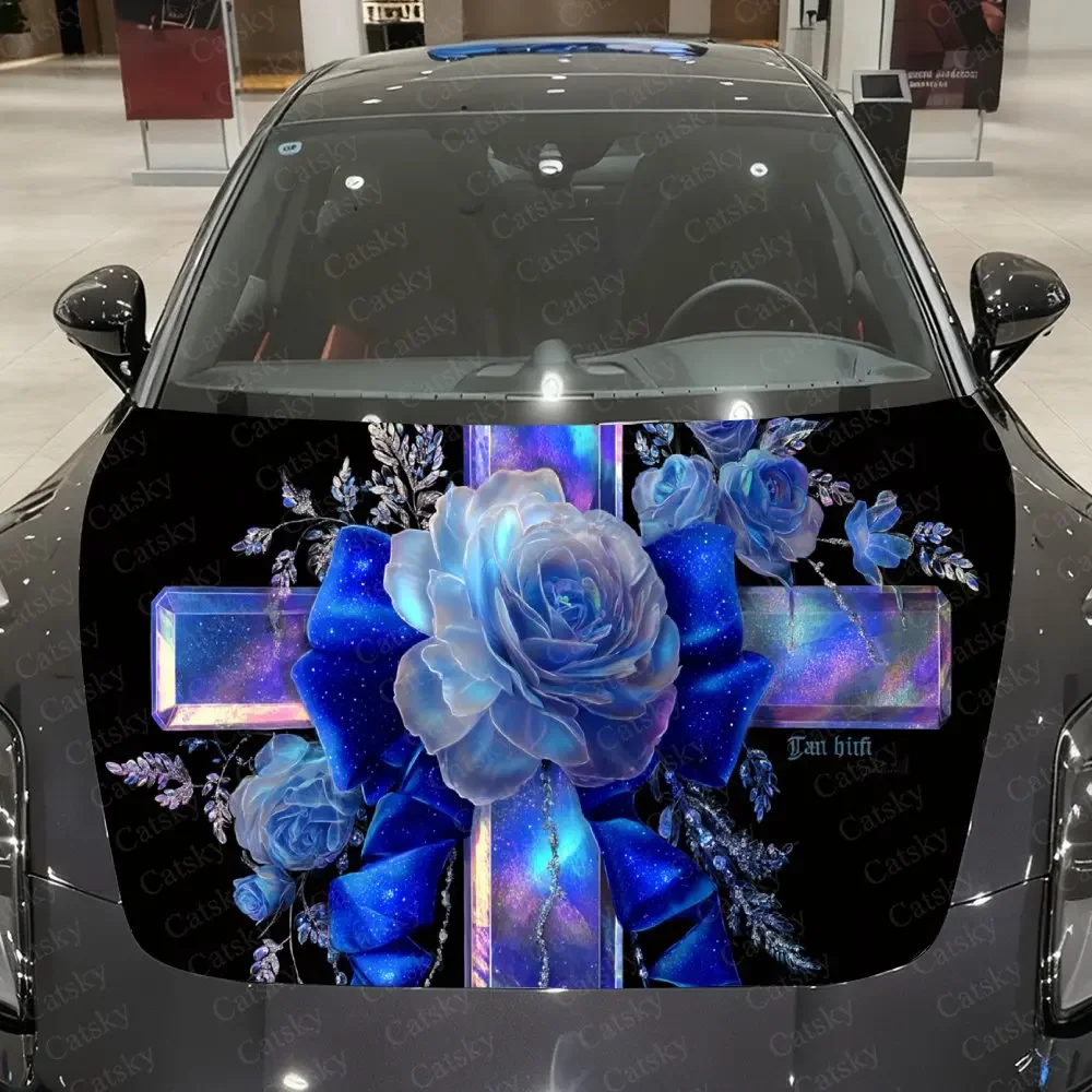 Rose Wrapped Cross Car Vinyl Wrap, PVC Waterproof Car Hood Sticker, Self-Adhesive Scratch-Resistant Engine Cover Sticker