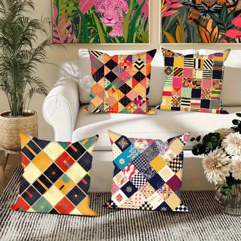 Kissenbezug mit geometrischen und floralen Mustern, Digitaldruck, Kurzplüsch, geeignet für Wohnzimmer, Schlafzimmer, Sofas, Zierkissenbezug