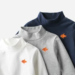 2024 Spring Autumn Children Turtleneck Undershirt Baby Boys Long Sleeves T-shirt For 1-9Yezrs Kids Fish Pattern Embroidery Top