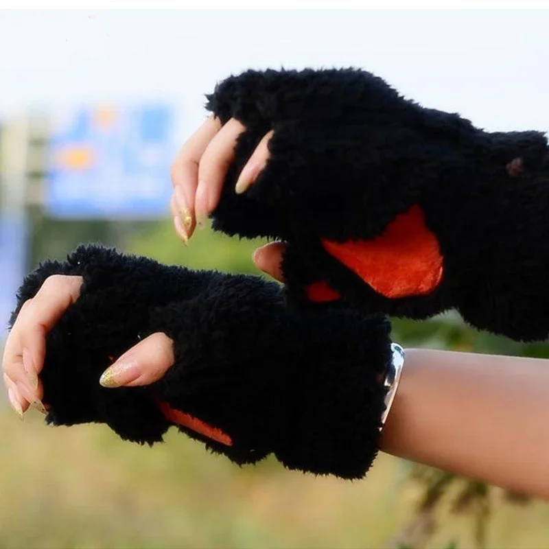 Cartoon Cute Cat Claw Paw Gloves Women Plush Mittens Warm Soft Plush Short Fingerless Fluffy Bear Cat Gloves Costume Half Finger