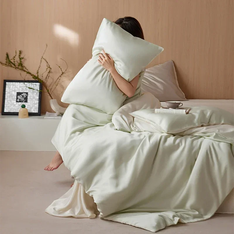 Class-A 60S Rayon Silk Bedding Sets Solid Color Silk Naked Sleeping Summer Cooling Bedclothes Twin Full Queen King Comforter Set