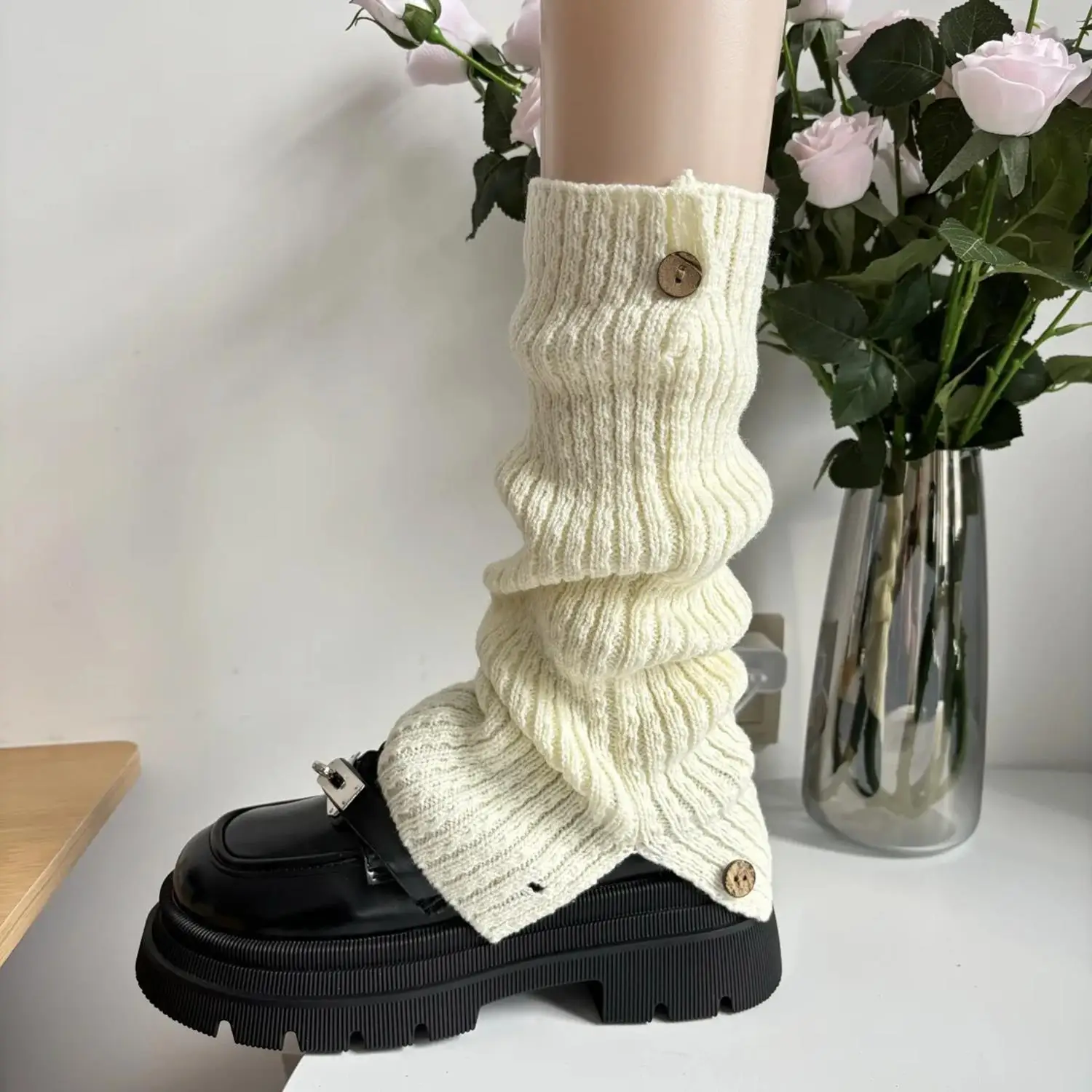 Winter Wool Leg Warmers Women with Buttons Thick Fleece Lined Boot Cuffs Knit Yoga Socks Solid Color Stacked Boot Socks