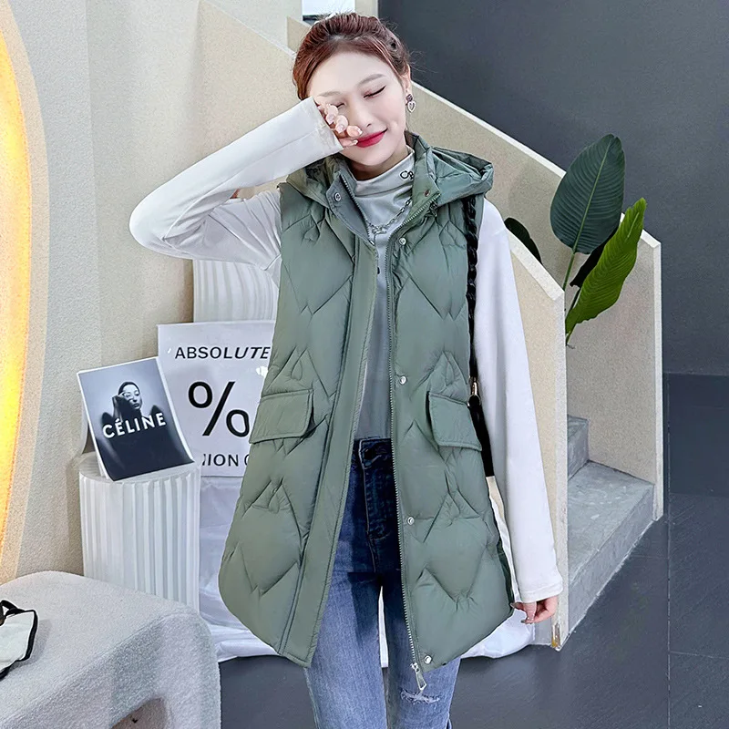 Women Mid Long Coat Vest New Autumn Winter Sleeveless Warm Cotton Padded Coat Waistcoat Hooded Vest Down Cotton Jacket Outwear