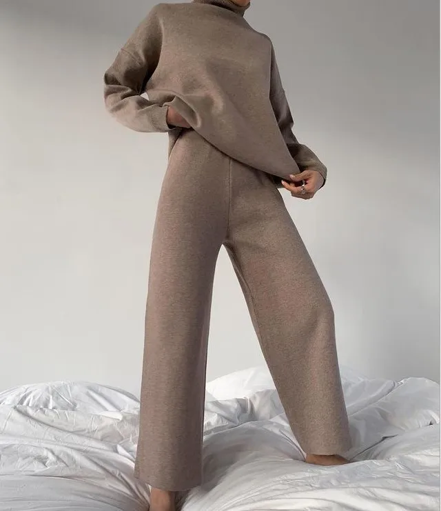 Autunno Inverno Moda Set da 2 pezzi Donna Pendolarismo Allentato Collo alto Pullover a maniche lunghe Vita alta Con lacci Pantaloni a gamba larga