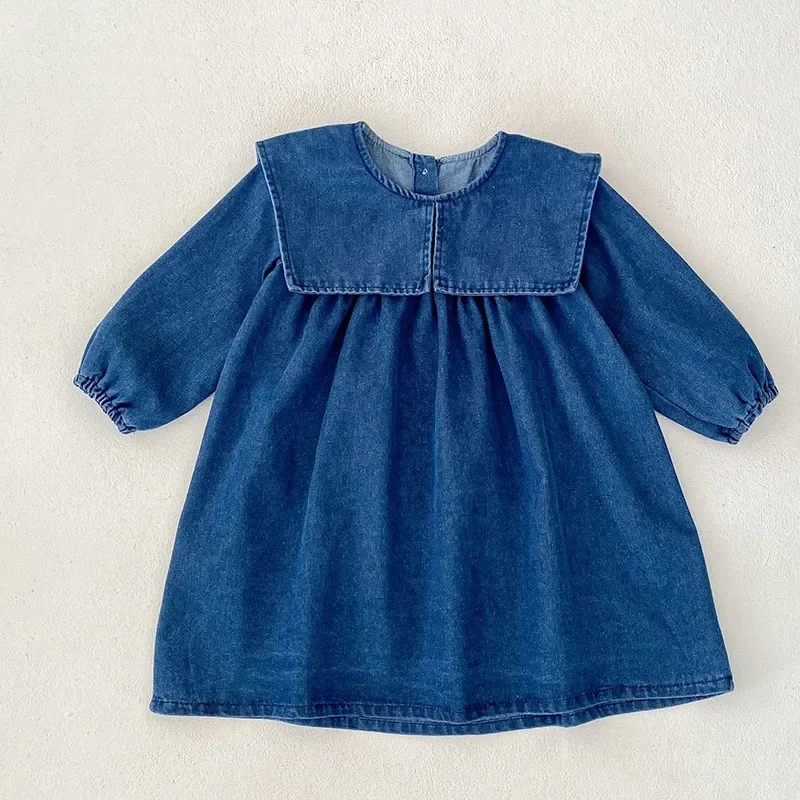 2024 New Autumn Kids Princess Dresses 2-6Yrs Girl Party Dress Long Sleeved Solid Color Denim Baby Girl Romper Children Clothes