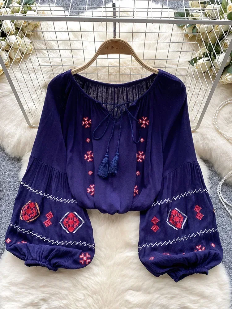 Women Spring Autumn Blouse Leisure Time Retro Ethnic Style Bubble Sleeved Shirt with Strap Design Niche Style Top D5328