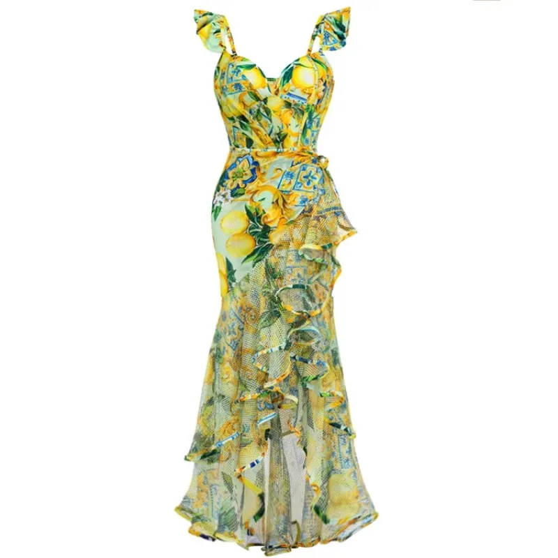 One Piece Swimsuit For Women European And American One-piece Swimsuit Ruffle Edge Mesh Splicing Lemon Print Swimsuit Suit Women