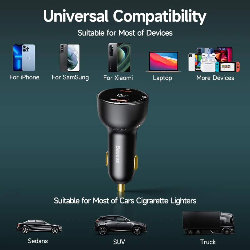 Baseus-Carregador de Carro USB C, Carregamento Rรกpido, Carregamento Rรกpido 4.0, PD 3.0, iPhone, Xiaomi, POCO, MacBook, Laptop, 100W