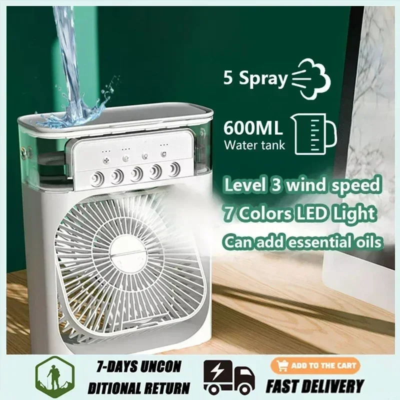 Ventilador portátil do condicionador de ar, Mini refrigerador evaporativo, 7 cores LED Light, 1, 2, 3 H Timer, 3 velocidades de vento, 3 modos de pulverização