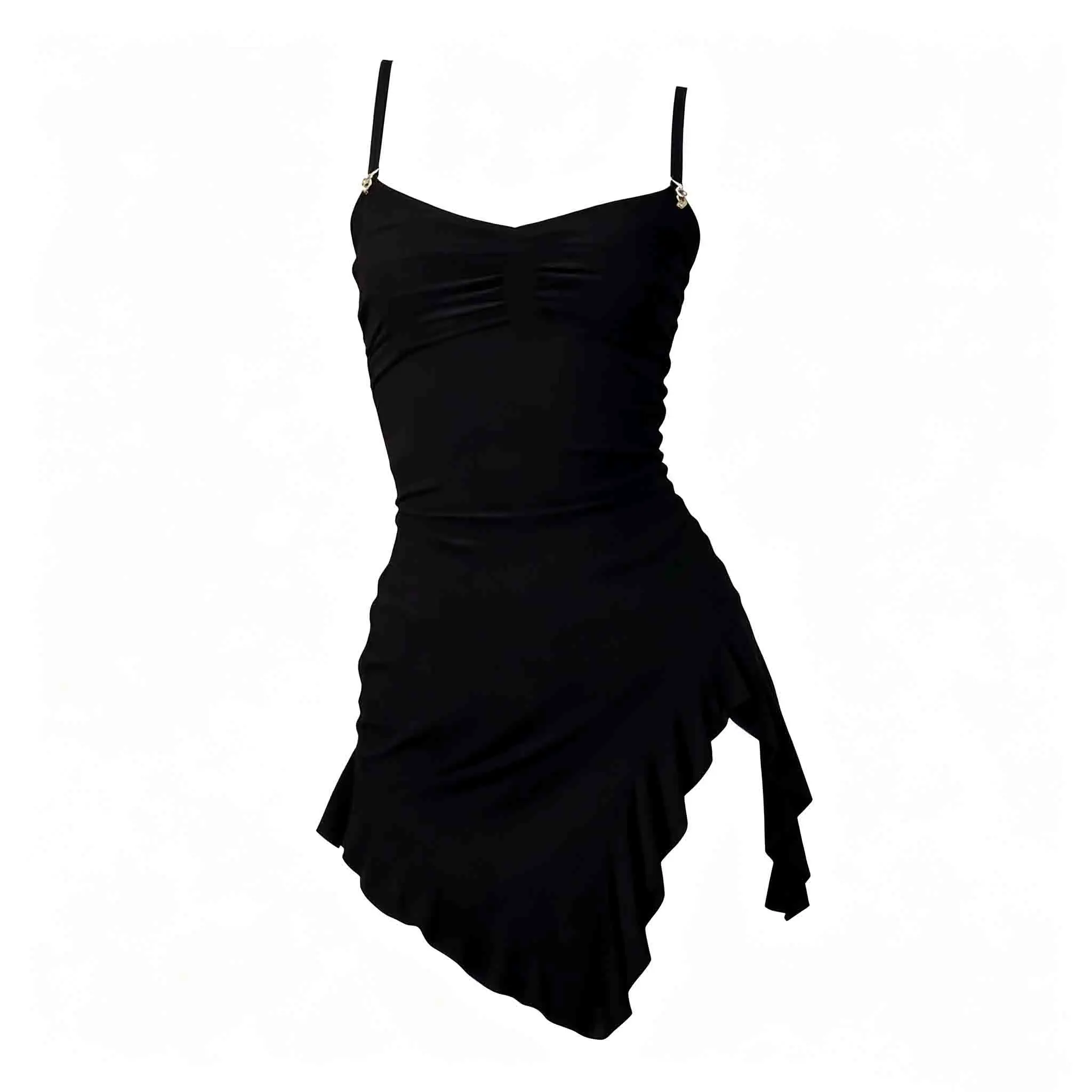 Schwarzes, gerafftes, asymmetrisches Rüschen-Minikleid für Damen, figurbetontes Partykleid mit Spaghettiträgern – Detail 5