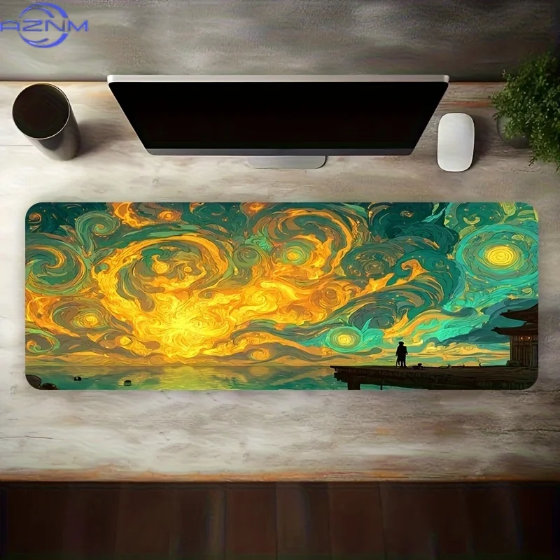 1 Large E-Sports Gaming Mouse Pad, Van Gogh-Style Swirl Cloud Seaside Pier Art Design, Non-Slip Washable Rubber Base, Oversized