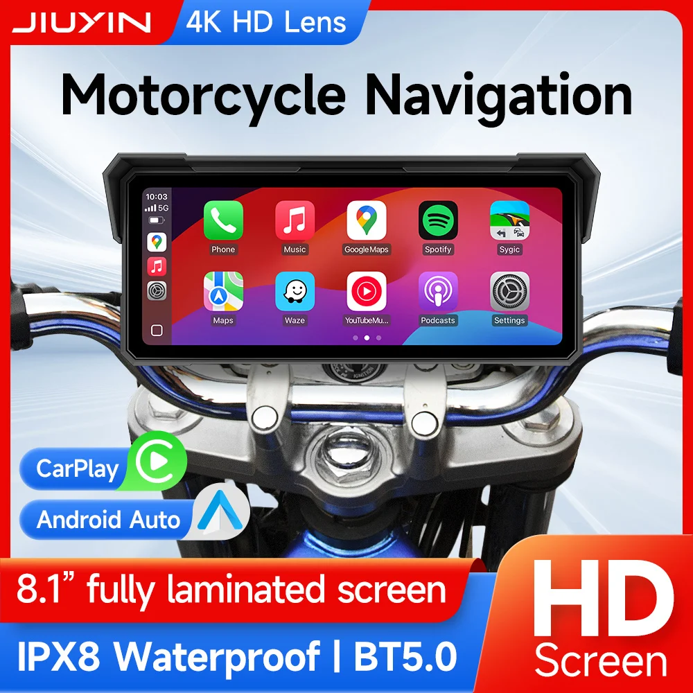 JIUYIN Portable 8.1 inch IP67 Waterproof Motorcycle 4K DVR GPS Navigation Wireless Carplay Android Auto Moto Recorder Monitor