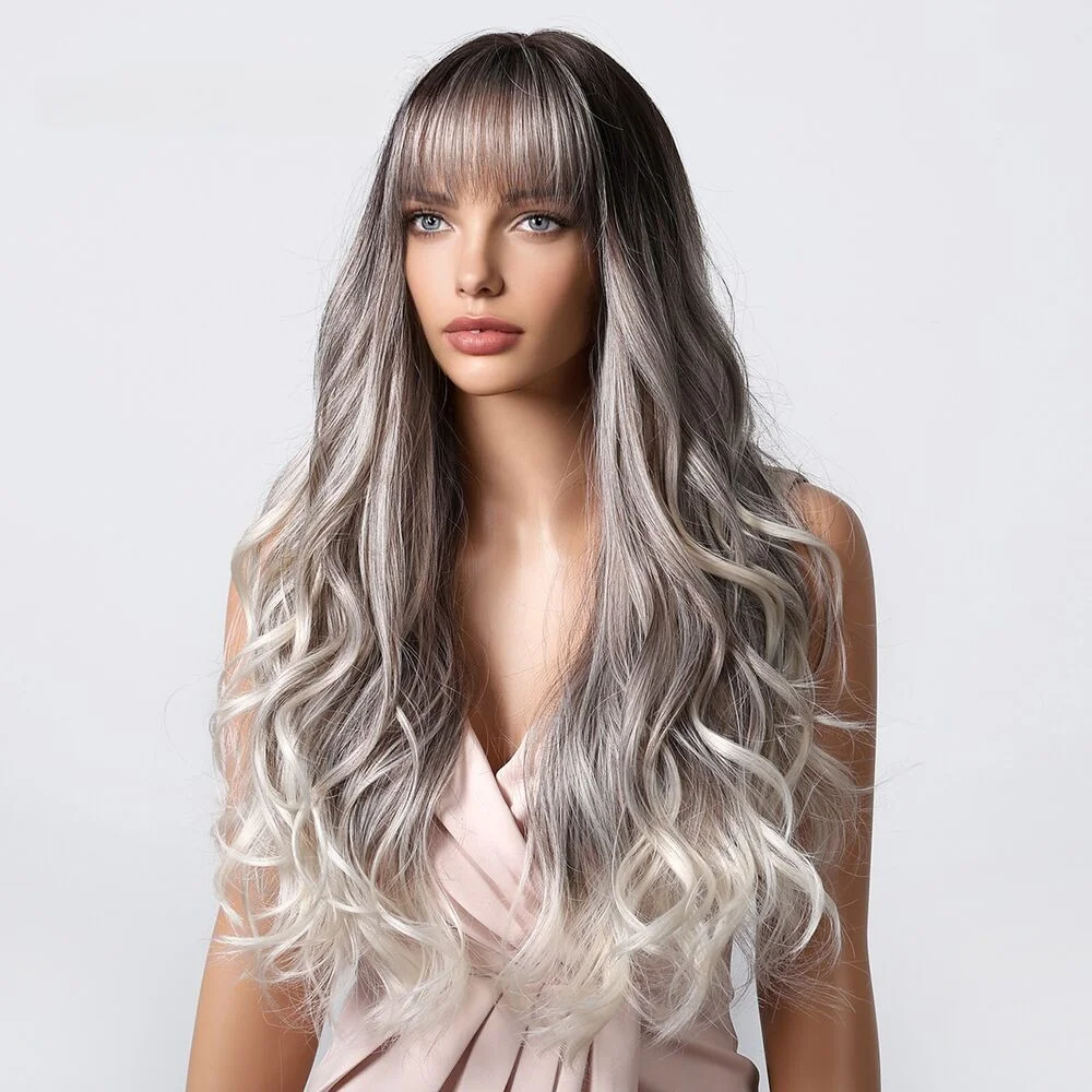 Women's gradient grey large wave long curly wig natural full head cover