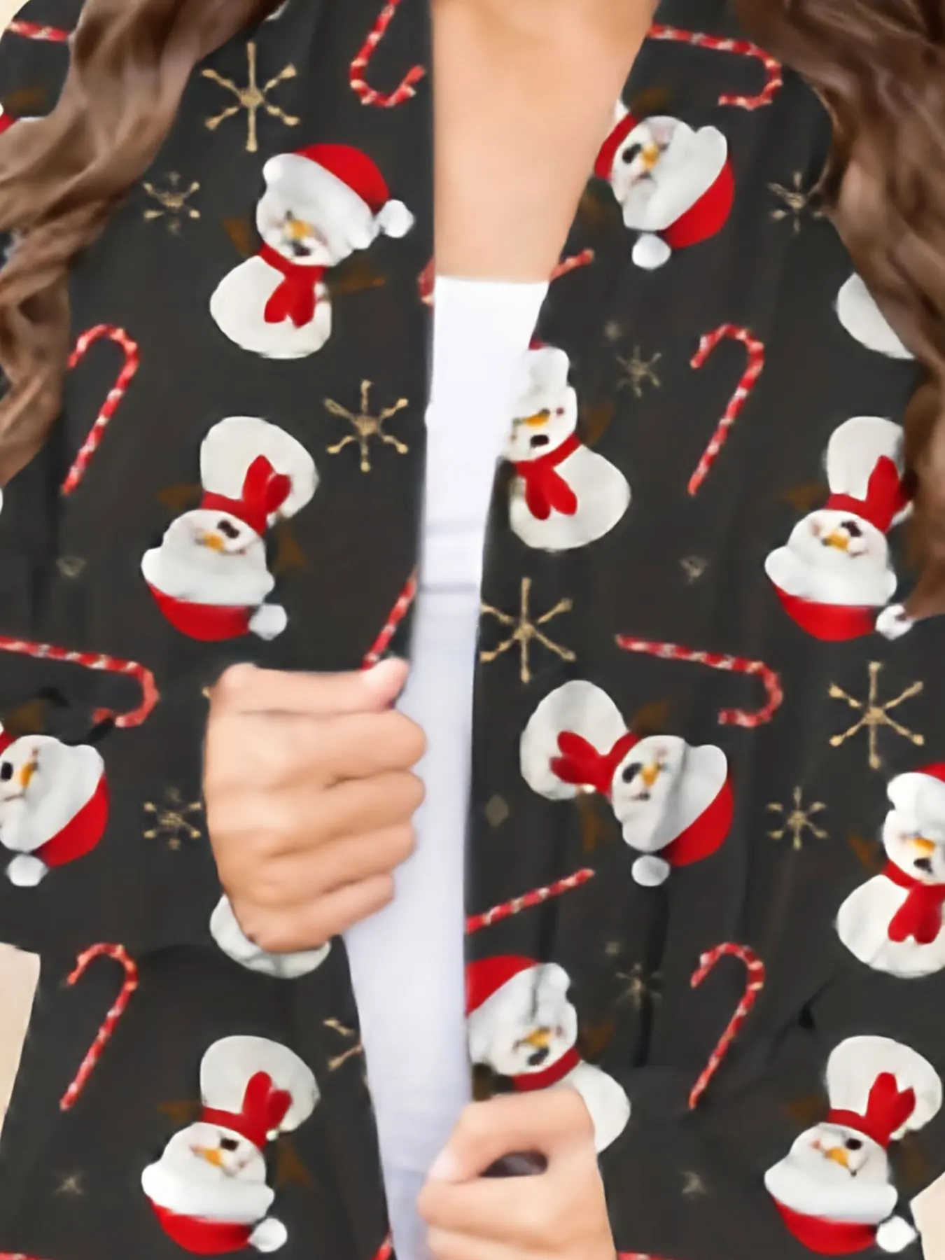 Cárdigan informal navideño de talla grande para mujer, cárdigan de manga larga con estampado gráfico, Parte delantera abierta