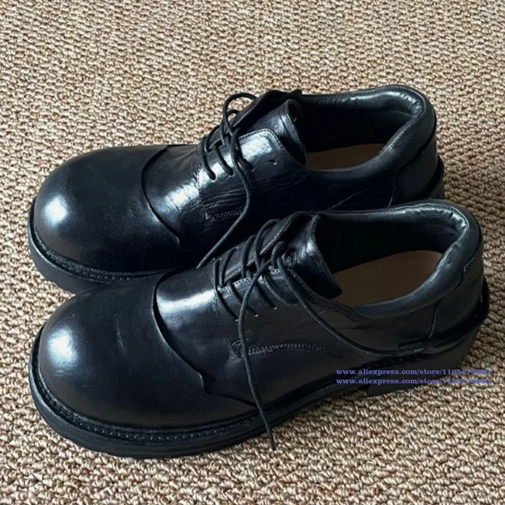 

Black Leather Derby Shoes Big Round Toe Men's Height Increasing Thick Soled Casual Shoes Soft Leather Lace Up Single Shoes