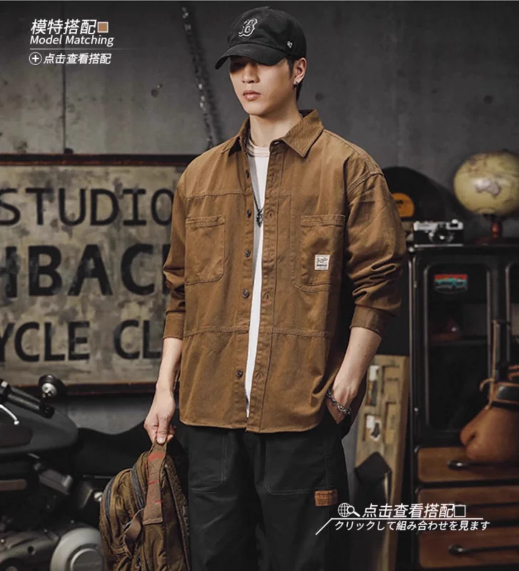 メンズ アメリカン ワークウェア シャツ ルーズ 日本製 レトロ カジュアル 長袖 裏地付き