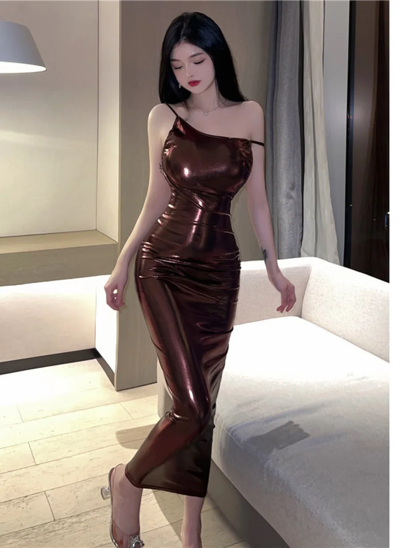 Sexy 2023 Summer Royal Sister Temperament backless Slim Long Lacquer Leather Fashion Solid color Wrap Hip Dress Women\'s KZCB