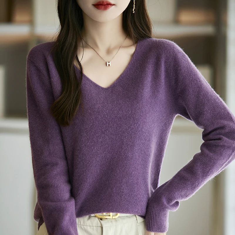 Classic Seamless Cashmere Pullover Fashion Wool Sweater V-Neck Long Sleeve Knitwear Soft Warm High-quality Basic Clothing Tops